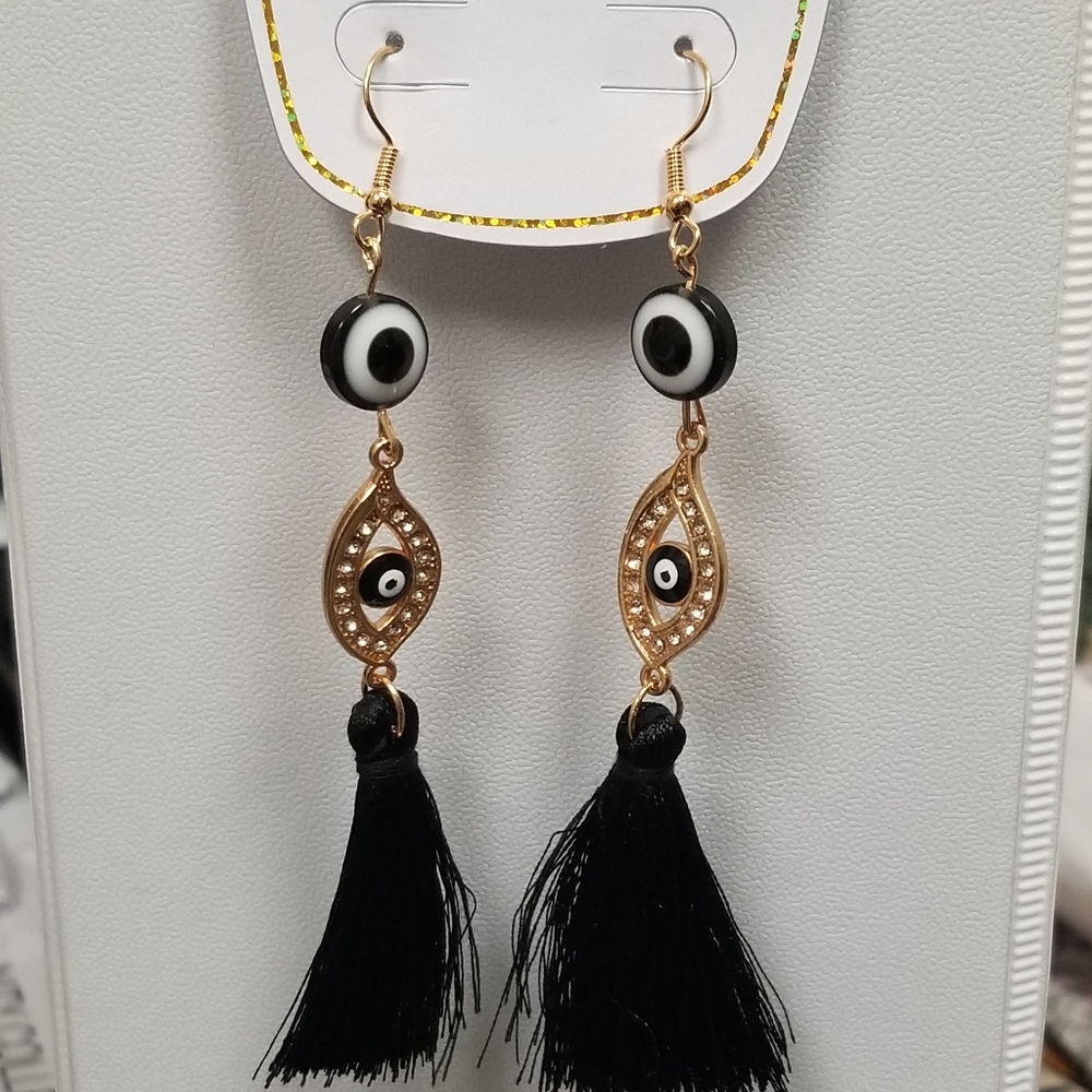 Evil Eye Black Tassel Protection Earrings New